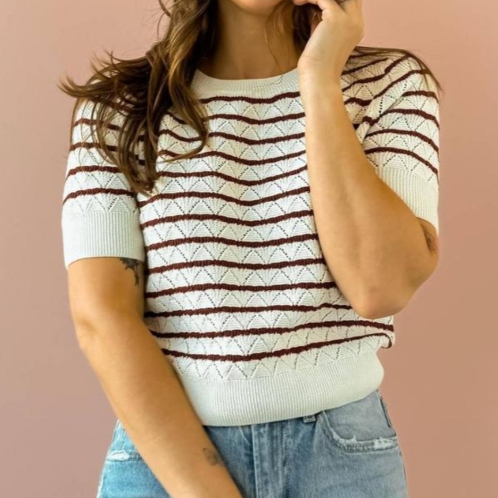 NWT- Steve Madden Women's Norris Striped Pointelle Short-Sleeve Sweater, (Large)